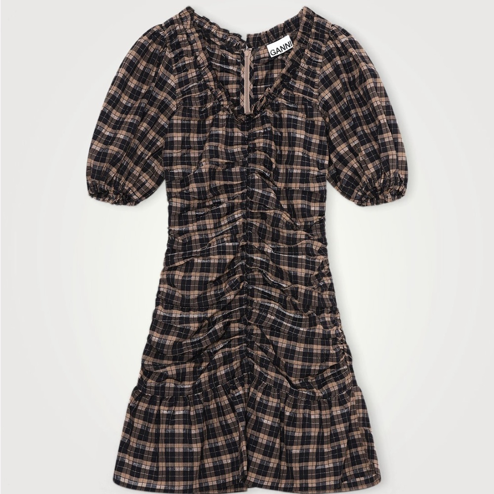GANNI Seersucker Ruched Mini Dress
